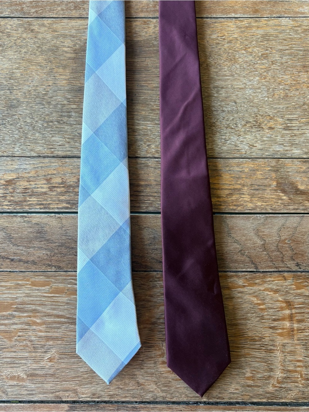 Express Light Blue Plaid Tie & Burgundy Solid Tie. Set of two.